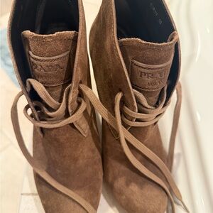 Prada Women's Lace-Up Tan Suede Boots